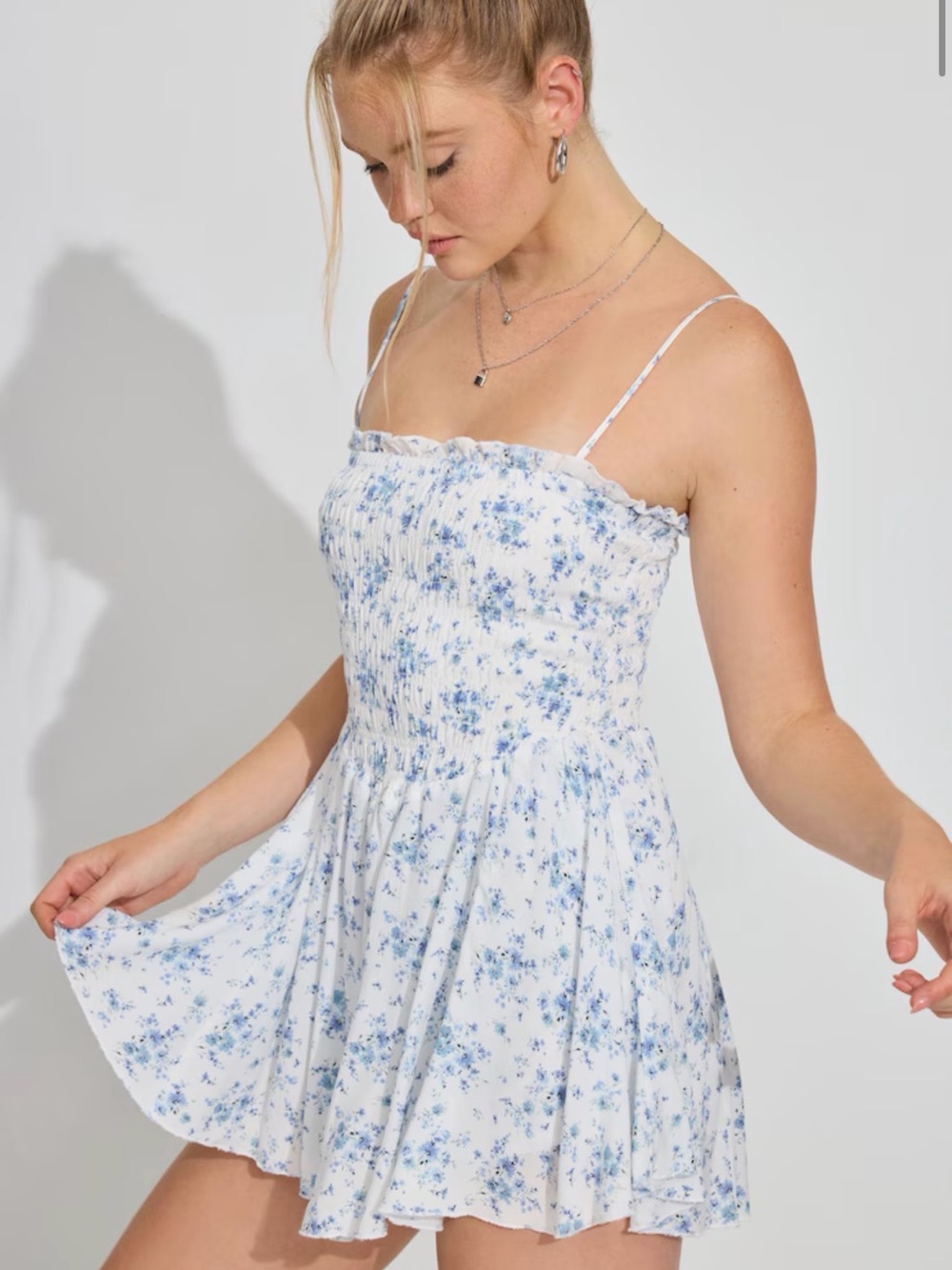 Garage White Mini Dress with Blue Floral Print